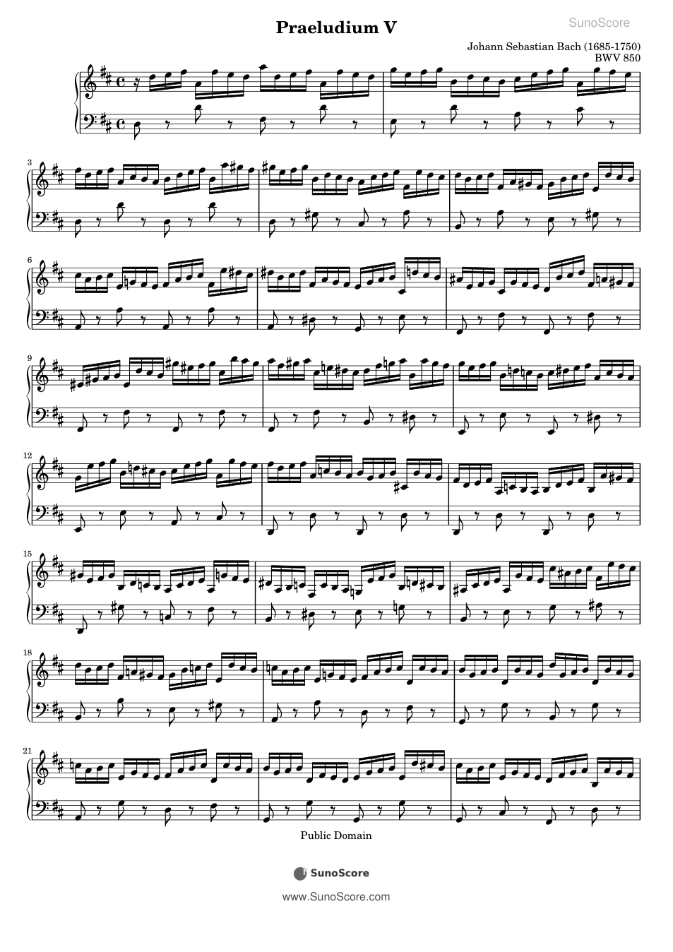 평균율 1권 전주곡 5번 BWV 850 악보 첫 쪽 미리보기