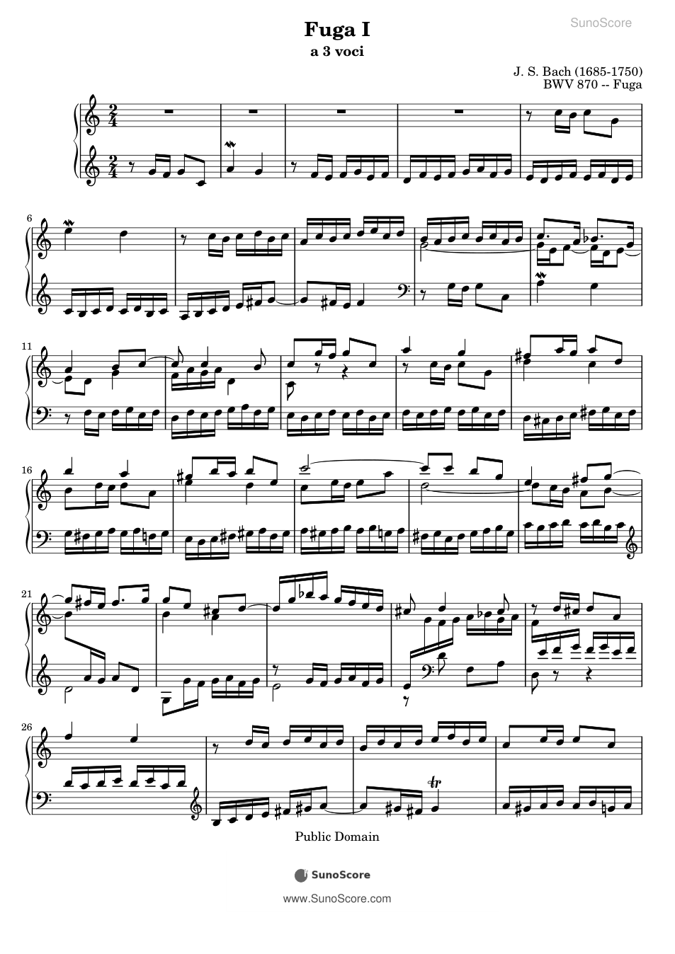 평균율 2권 푸가 1번 BWV 870 악보 첫 쪽 미리보기
