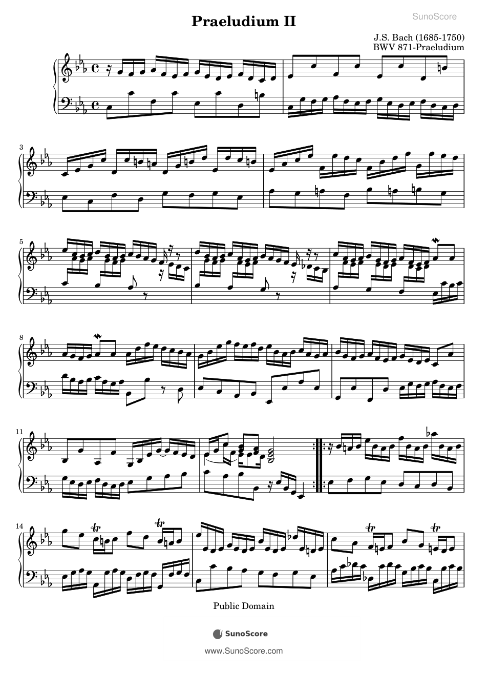 평균율 2권 전주곡 2번 BWV 871 악보 첫 쪽 미리보기