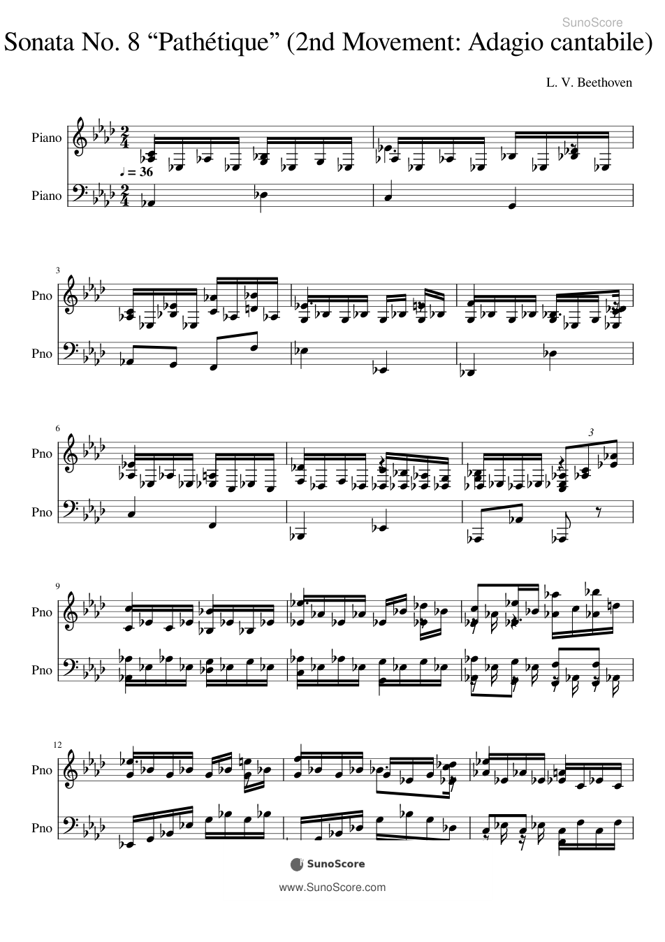 베토벤 비창 소나타 2악장 (피아노 소나타 8번 Op.13) 악보 첫 쪽 미리보기
