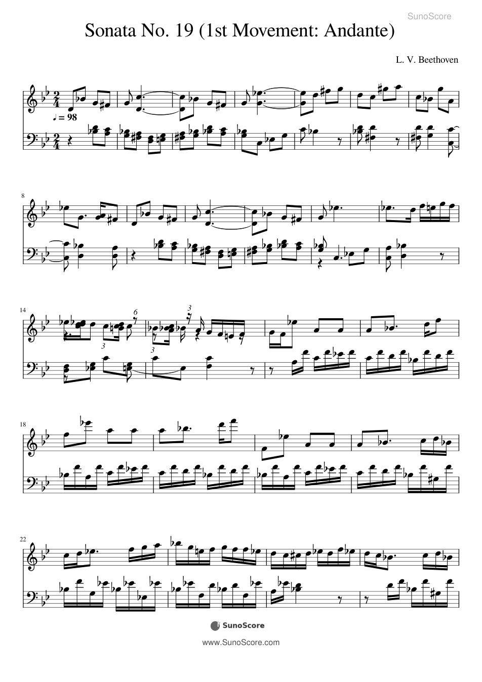 베토벤 피아노 소나타 19번 Op.49-1 1악장 악보 첫 쪽 미리보기