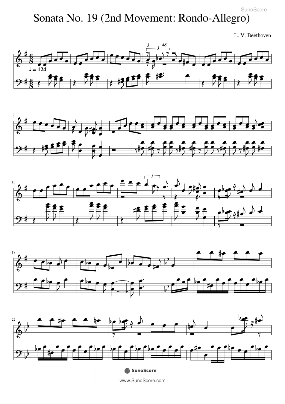 베토벤 피아노 소나타 19번 Op.49-1 2악장 론도 악보 첫 쪽 미리보기