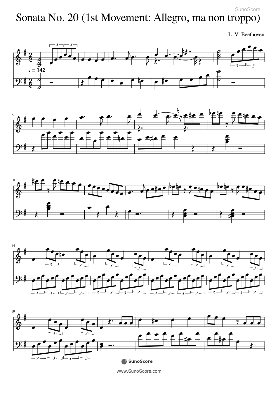 베토벤 피아노 소나타 20번 Op.49-2 1악장 악보 첫 쪽 미리보기