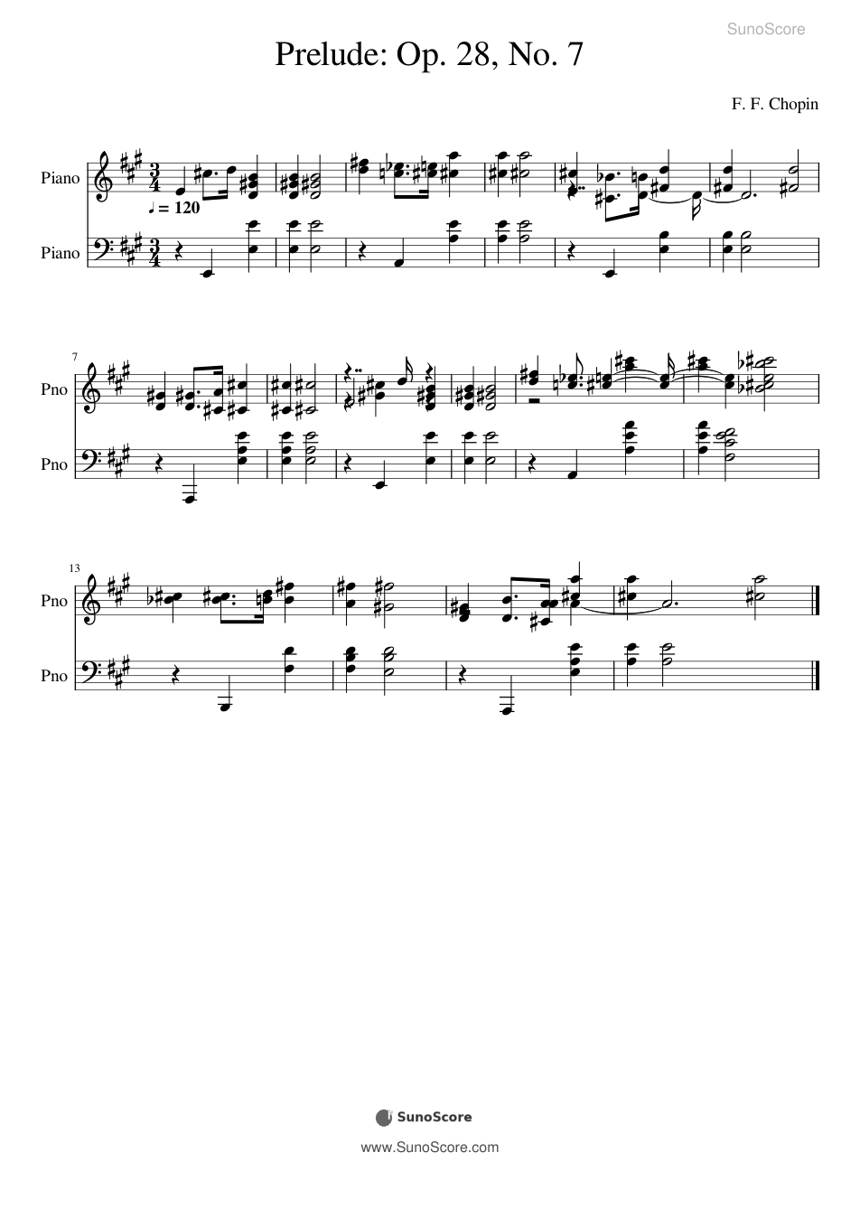 쇼팽 전주곡 Op.28 No.7 (A장조) 악보 첫 쪽 미리보기