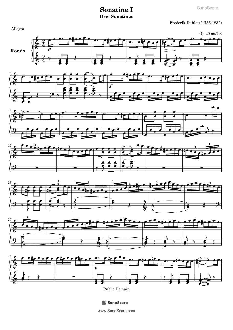 소나티나 Op.20-1 3악장 론도 (쿨라우) 악보 첫 쪽 미리보기