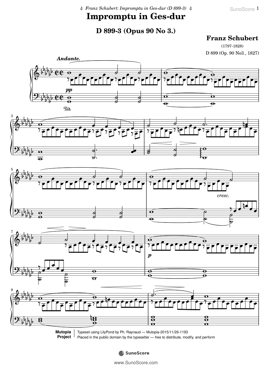 즉흥곡 내림사장조 D 899-3 (Op.90-3) 악보 첫 쪽 미리보기